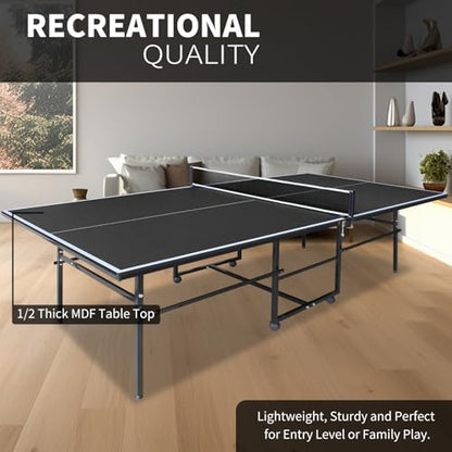 IUNNDS Portable Table Tennis Table 6/8/8.5/9FT Foldable Ping Pong Game Set for Indoor with Net and Post Set, 2 Paddles and 3 Balls - color: Black-9x4.1FT