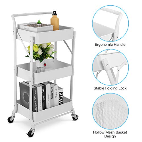 Foldable 3 Tier Metal Utility Rolling Cart, Folding Mobile Multi-Function Storage Trolley Organizer Cart for Home Library Office(White) - color: White