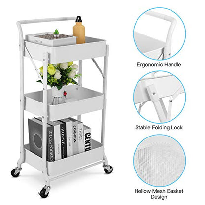 Foldable 3 Tier Metal Utility Rolling Cart, Folding Mobile Multi-Function Storage Trolley Organizer Cart for Home Library Office(White) - color: White