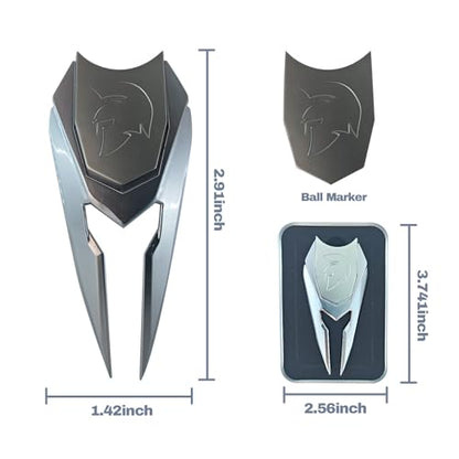 Golf Divot Repair Tool with Belt Clip & Magnetic Ball Marker | Spartan Helmet Design | Solid Metal Non-Foldable Golf Gift for Men | Silver, Black