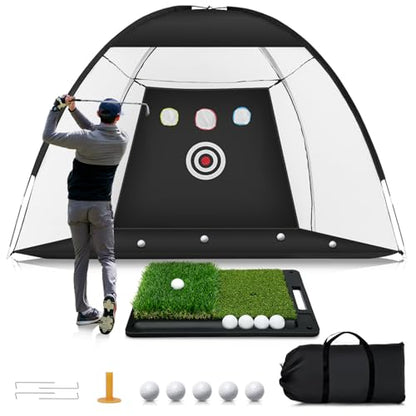 Golf Net: 10x7ft Golf Hitting Practice Net for Indoor & Outdoor Use with Heavy-Duty Base Dual-Turf Mat, Chipping Swing Training Mult-Target Nets for Backyard Driving, Gifts for Men Dad Husband Golfers