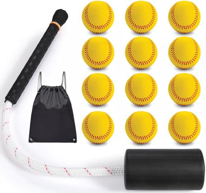 Baseball & Softball Swing Trainer Bat - Batting Practice Equipment - Includes Rope Swing Training Bat with 12 Training Balls & Tote Bag, Training Tool, Batting Aid