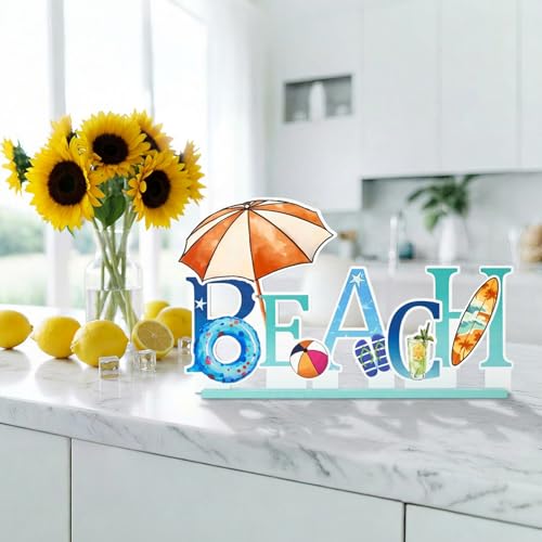 Smile Summer Indoor Decorations Wooden Decor, Beach Hawaii Style, Sign for Home Tabletop Centerpiece Mantel Shelf Fireplace - style: Letter Beach