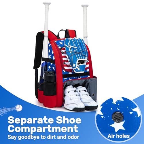 KAVIGOR Youth Baseball Bag, Softball Bag for Girls & Boys, Kids Tball Backpack with Shoes Compartment - color: Red White & Blue