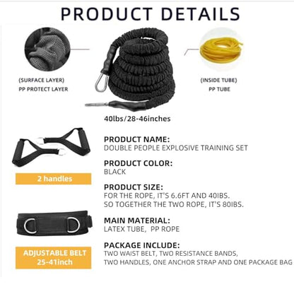 Resistance Speed Training Set, 8pcs Exercise Explosive Force Bounce Physical Equipment Double Rope Improve Agility Power Strength for Jumping Basketball Tennis Football Volleyball - color: Black-6.6ft