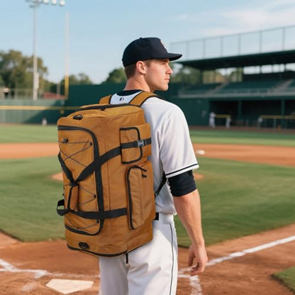 Large Baseball Duffle Bag Softball Backpack for Adult & Youth, 65L Spors Gym Duffel Equipment Bag with Shoe Compartment and Bat Holder, Catchers Gear Bag Fits Batting Mitten, Tball Gear, Helmet - color: Brown