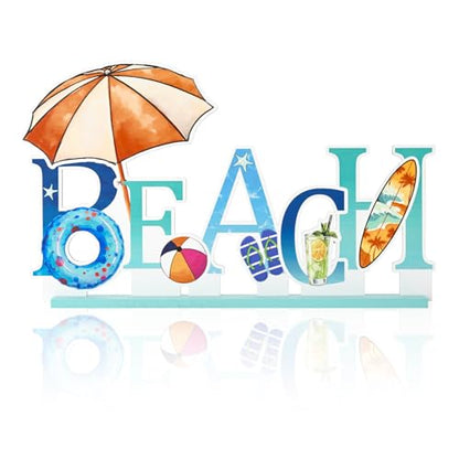 Smile Summer Indoor Decorations Wooden Decor, Beach Hawaii Style, Sign for Home Tabletop Centerpiece Mantel Shelf Fireplace - style: Letter Beach