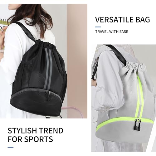 JELUTAR Drawstring Backpack Gym Bag with Shoes Compartment for Soccer, Basketball, Swim, Water-Resistant String Backpack Beach Cinch for Women Men, Grey