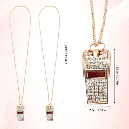 Tinoaly 2pcs Bling Whistle Crystal Rhinestone Necklace, Metal Golden Bling Loud Crisp Sound Whistle with Chain Lanyard for Referee Coach Teacher Sports Training