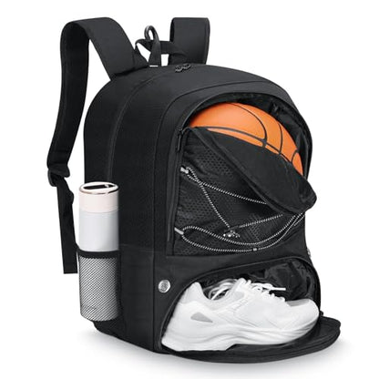 MoKo Basketball Bag Backpack, Volleyball Soccer Backpack for Men & Women with Separate Ball and Shoes Compartments, Water-Resistant, Fence Hook, Sports Bag for Clothes, Shoes, Tablets, Laptops, Black - color: Black