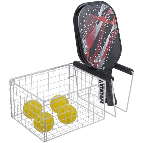 MyGift 16 Inch Wall Mounted Metal Pickleball Paddle Rack and Storage, Hanging Equipment Organizer with Racket Holder and Basket for Balls - color: White