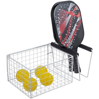 MyGift 16 Inch Wall Mounted Metal Pickleball Paddle Rack and Storage, Hanging Equipment Organizer with Racket Holder and Basket for Balls - color: White
