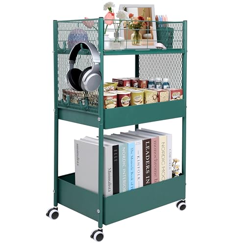 3-Tier Rolling Storage Cart Metal Utility Cart with Wheels, Office Organizer with Hanging Cups, Hooks, Book Snack Craft Mobile Shelving Unit for Office Kitchen Nursery - color: Green