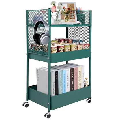 3-Tier Rolling Storage Cart Metal Utility Cart with Wheels, Office Organizer with Hanging Cups, Hooks, Book Snack Craft Mobile Shelving Unit for Office Kitchen Nursery - color: Green