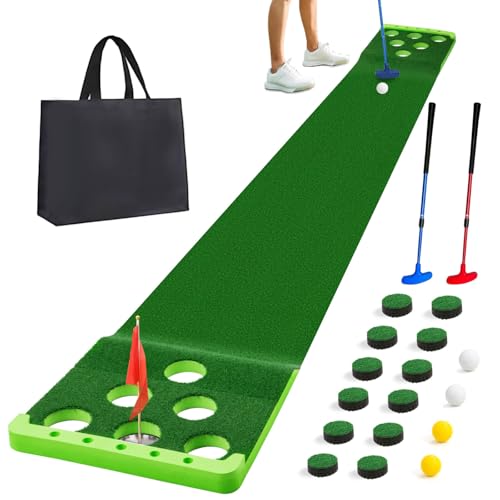Golf Putting Game Set with Front Border for Indoor & Outdoor,Golf Putting Green Mat Include 4 Balls,1 Portable Bag,2 Flags&Cups,Practice Training Aid for Backyard,Party,Office - color: Green with 2 Putters