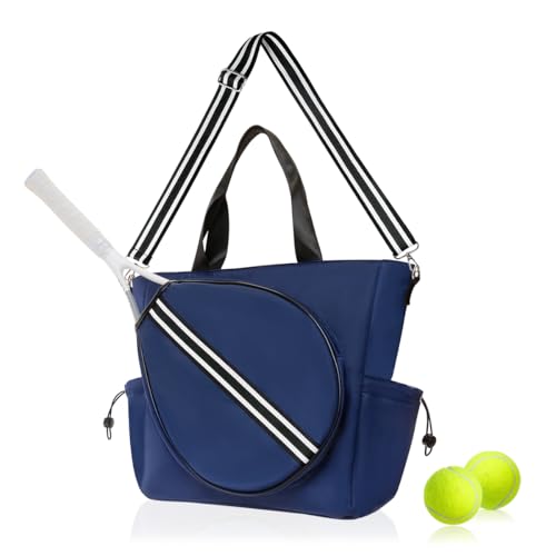 Tennis Bag for Women Racket Tote, Stylish Backpack - Unisex Racquet Sports Pickleball Bag Convertible Shoulder, Crossbody Strap Large Compartment - color: Tote - Navy/Black Stripe