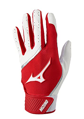 Mizuno MVP Adult Baseball Batting Gloves | Pair | Adult, Youth, and TBall | Nonslip Palm | FlexMesh Back | QuikAdjust Wrist Tab - color: White/Red, size: Large, style: MVP Youth Baseball Batting Glove