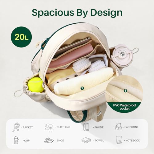 Tennis Bag for Women & Men Sling Crossbody Backpack 2-Racket Waterproof Pocket & Fence Hook Racket Bags Suitable for Pickleball Tennis Badminton - color: Beige
