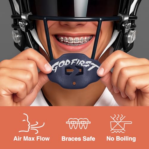 Football Mouth Guard – Youth Football Mouthpiece with Strap – Breathable, Comfortable – Sleefs - color: God First Navy Blue