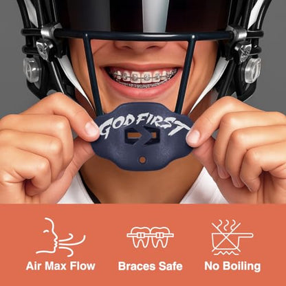 Football Mouth Guard – Youth Football Mouthpiece with Strap – Breathable, Comfortable – Sleefs - color: God First Navy Blue