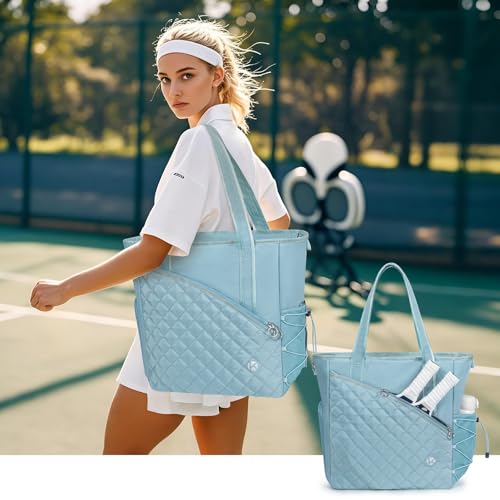 Pickleball Tote Bag for Women with Fence Hook, Quilted Pickleball Bag Holds 3-4 Paddles with Shoe Compartment & Wet Pocket - color: Green