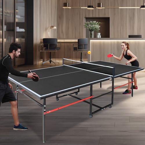 8ft Foldable Ping Pong Table Set, Mid-Size Portable Table Tennis Table with Net, Paddles & Balls, Indoor Outdoor Game Table for Home, Office, and Playroom,Black