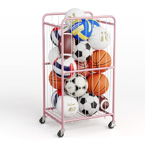 Olldide 43-Inch Large Ball Storage Basket with Wheels, Rolling Cart Sports Equipment Garage Organizer with Elastic Rope for Easy Access, Holder for Basketball, Soccer, Volleyball, Football - color: Pink, size: 250L