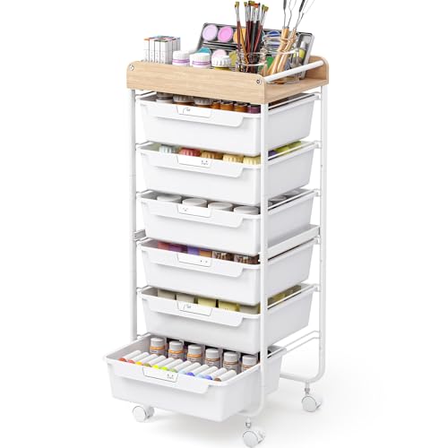 SYKIARIOL Rolling Cart with 6 Drawers,Utility Storage Cart with Drawers,Art Craft Organizers and Storage,Makeup Organizer with Wooden Tabletop,White - color: White, size: 6-Drawers