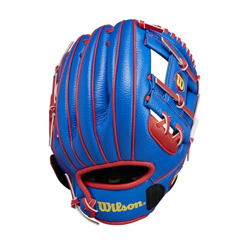 Wilson | A200 | Youth T-Ball & Baseball Glove + Mitt | Sizes 9" - 10" | Right + Left Hand Throw | Multiple Styles - color: Royal/Red/Yellow, size: 10"