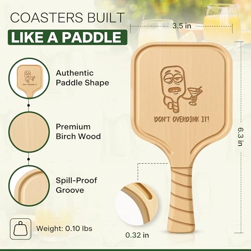 Pickleball Paddle Drink Coasters Set of 4 – Witty Drink Sayings Gift for Pickleball Lovers, Men & Women – Premium Birch Wood, Funny Bar Coasters, Gift-Ready Box for Birthdays, Mother’s & Father’s Day