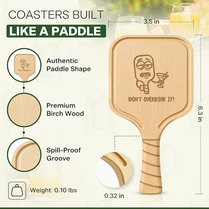 Pickleball Paddle Drink Coasters Set of 4 – Witty Drink Sayings Gift for Pickleball Lovers, Men & Women – Premium Birch Wood, Funny Bar Coasters, Gift-Ready Box for Birthdays, Mother’s & Father’s Day