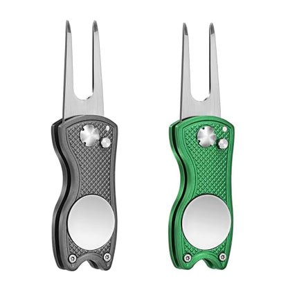 Mile High Life Golf Divot Repair Tool, All Metal Foldable Divot Tool with Pop-up Button & Magnetic Ball Marker, 2-6 Pack - color: Green, Grey