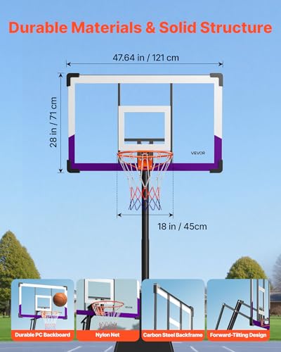 VEVOR Basketball Hoop, Basketball Hoop 44 48 50 54 Inchs PC Backboard, 4.4-10FT Height Adjustable, Basketball Portable Hoop& Goal, Indoor/Outdoor Classic Basketball Court, Teen Adult School Park
