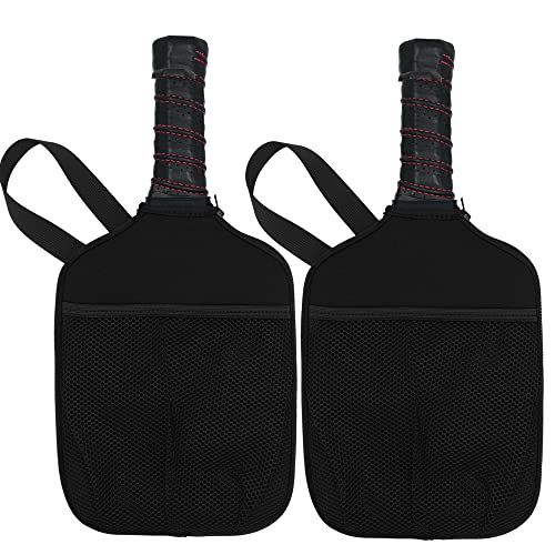 WK IEASON Neoprene Pickleball Paddle Cover with Inner Pockets and Handle Strap - Racket Sleeve and Ball Holder Organizer - color: Blackx2