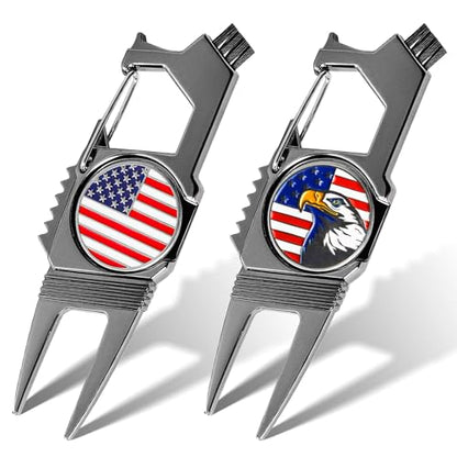 7-in-1 Golf Divot Tool with Ball Marker Value 2 Pack, Green Repair Tool Multi-Use Fixer for Pitch Mark with Clip, Premium Golf Accessories for Men Ladies