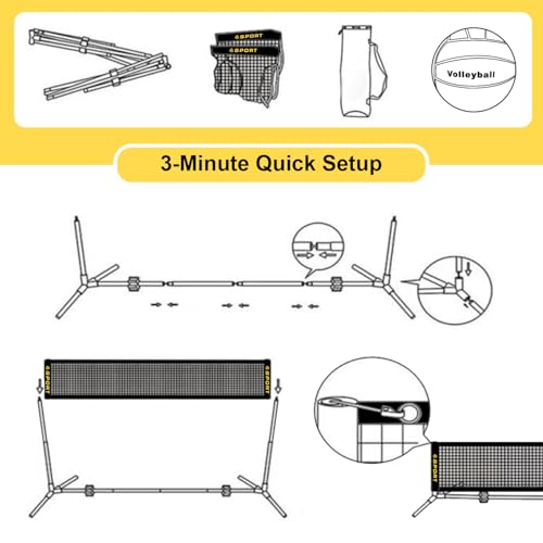 10 FT Mini Portable Tennis Net for Teenagers with Rubber Volleyball, with Pump and Carry Bag, Adjustable Height 2.7FT-5.1FT for Badminton Net, Volleyball Net,Soccer Net,Pickleball Net