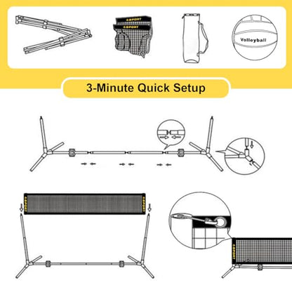 10 FT Mini Portable Tennis Net for Teenagers with Rubber Volleyball, with Pump and Carry Bag, Adjustable Height 2.7FT-5.1FT for Badminton Net, Volleyball Net,Soccer Net,Pickleball Net