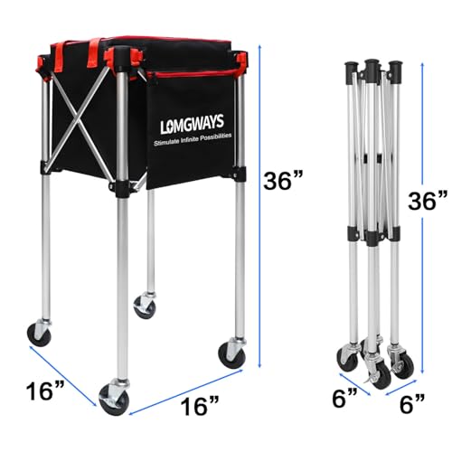Pickleball Tennis Ball Hopper-Foldable Lightweight Tennis Cart Holds 180 Tennis/160 Pickleballs with Removable Bag,Wheels,Side Pocket for Training/Teaching, for Tennis/Pickleball/Baseball/Softball - style: Red