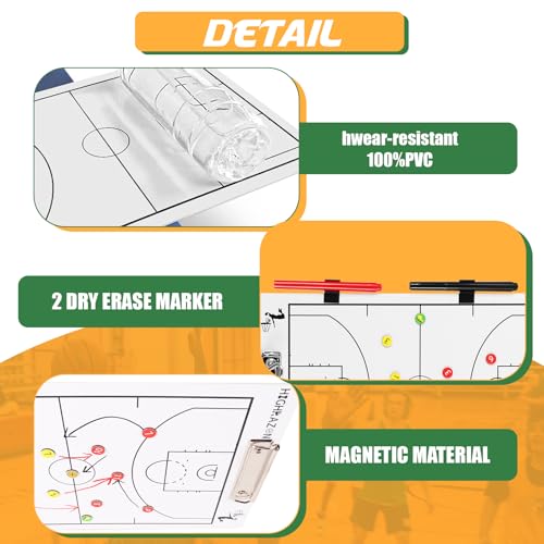 Magnetic Basketball Coaches Clipboard, White Double-Sided Dry Erase Coach Board, Tactics Whiteboard with Color Magnetic Sticker and 2 Marker for Coaches Gift - style: Basketball-B
