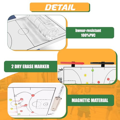 Magnetic Basketball Coaches Clipboard, White Double-Sided Dry Erase Coach Board, Tactics Whiteboard with Color Magnetic Sticker and 2 Marker for Coaches Gift - style: Basketball-B