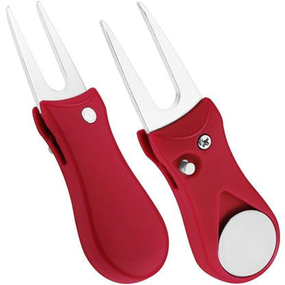 2 Pack Foldable Golf Divot Tool, Magnetic Turf Repair Tool with Spring Loaded Fork, Portable Golf Divot Repair Tool and Removable Ball Marker, for Repair Lawn Ball Marks,Mark Shots
