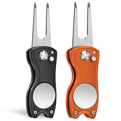 Mile High Life Golf Divot Repair Tool, All Metal Foldable Divot Tool with Pop-up Button & Magnetic Ball Marker, 2-6 Pack - color: 2 Pack (Black/Orange)