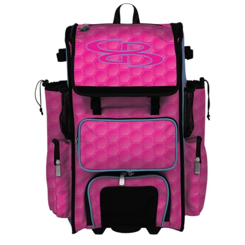 Boombah Rolling Superpack 2.0 3DHC Baseball/Softball Gear Bag - 23-1/2" x 13-1/2" x 9-1/2" - Multiple Colors - Telescopic Handle and Holds 4 Bats - Wheeled Version - color: Fluorescent Pink/Columbia Blue