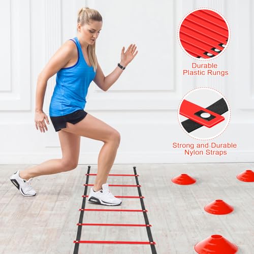 X-UMEUS Agility Ladder Speed Training Equipment Set-20ft Agility Ladder,12 Soccer Cones,4 Hurdles, Jump Rope, Running Parachute| Basketball Football Soccer Training Equipment for Kids Youth Adults - color: Red