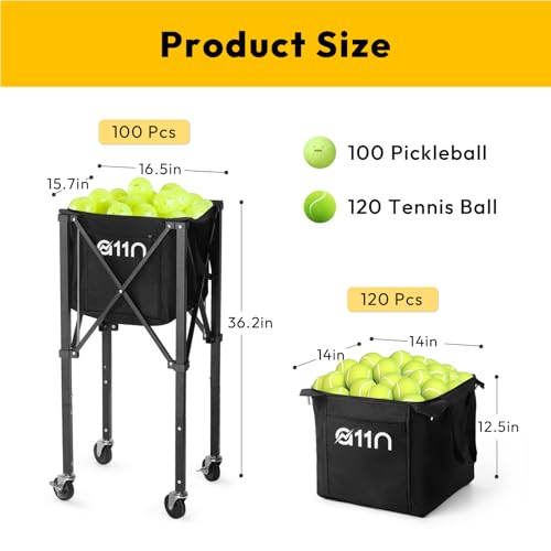 A11N Pickleball Tennis Ball Hopper - Sturdy Large Capacity Tennis Ball Basket Holds 120 Balls, Upgraded Pickleball Caddy Practice Equipment/Multifunction Pockets and Wheels for Training/Teaching