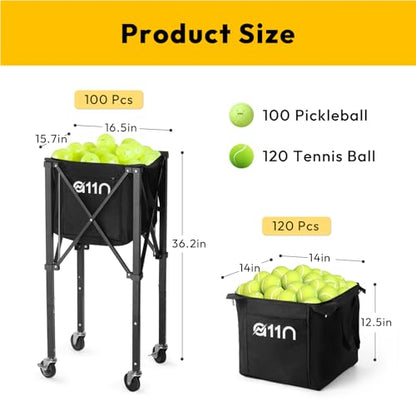 A11N Pickleball Tennis Ball Hopper - Sturdy Large Capacity Tennis Ball Basket Holds 120 Balls, Upgraded Pickleball Caddy Practice Equipment/Multifunction Pockets and Wheels for Training/Teaching