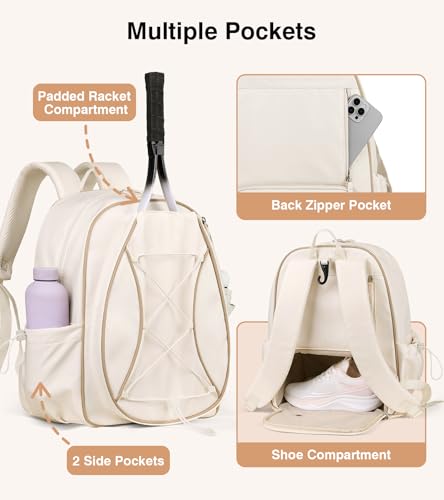 Marvolia Tennis Bags for Women Men, Tennis Backpack Holds 2 Rackets with Ventilated Shoe Compartment & Wet Pocket, Tennis Racket Bag Backpack for Pickleball Tennis Badminton - color: White