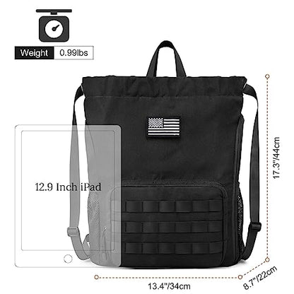 G4Free Drawstring Backpack Gym Backpack Soccer Basketball Bag with Shoes Compartment Tactical Water-Resistant String Sports Bag for Men Women(Black)