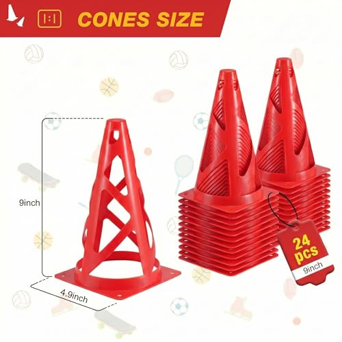 24 Pack Soccer Cones, 9 Inch Agility Cones for Soccer, Football, Basketball, Cones for Sports Training, Speed & Agility Drills, Field Marking Equipment