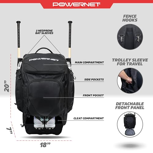 PowerNet Surge Softball Baseball Bag, Dual Bat & Gear Travel Backpack, Baseball Equipment Bat Bag, Baseball Softball Backpack with Dugout Fence Hooks & Cleat Pocket